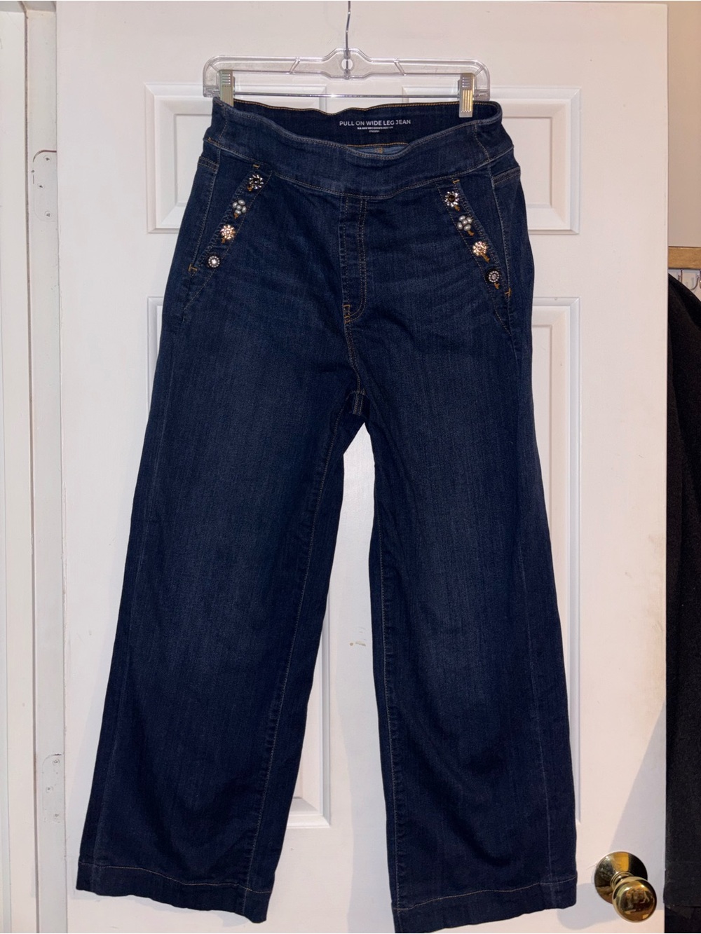 Chico's Dark Blue Wide-Leg Jeans with Embellished Pockets
